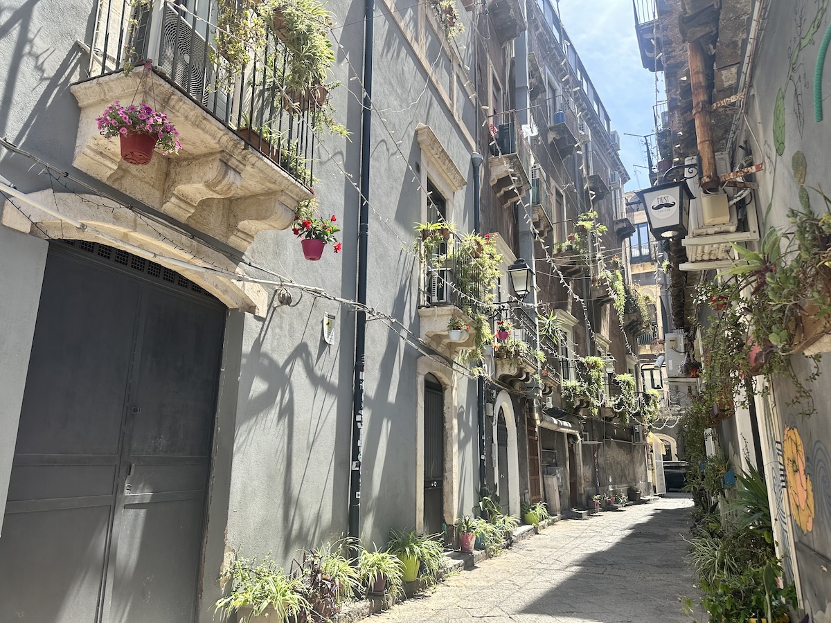 In einer schmalen Gasse von Catania hängen Blumen an den Balkonen, während graue Fassaden und Streetart das Stadtbild prägen.