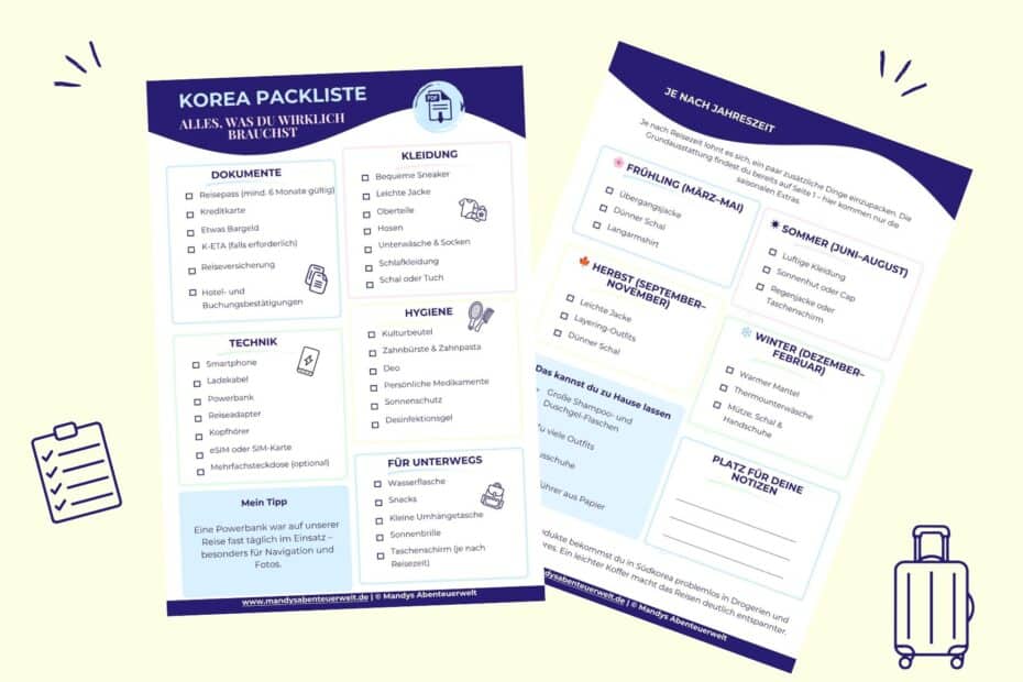 Zweiseitige Korea-Packliste mit Checklisten für Dokumente, Kleidung, Technik und Hygiene für Südkorea