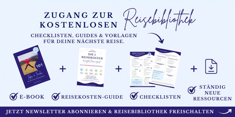 Die Grafik zeigt den Zugang zur kostenlosen Reisebibliothek mit E-Book, Reisekosten-Guide, Checklisten und neuen Ressourcen.
