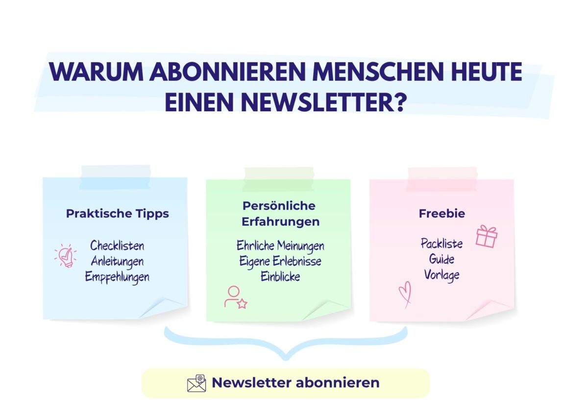 Die Grafik fragt, warum Menschen heute einen Newsletter abonnieren, und nennt Tipps, Erfahrungen und Freebies.