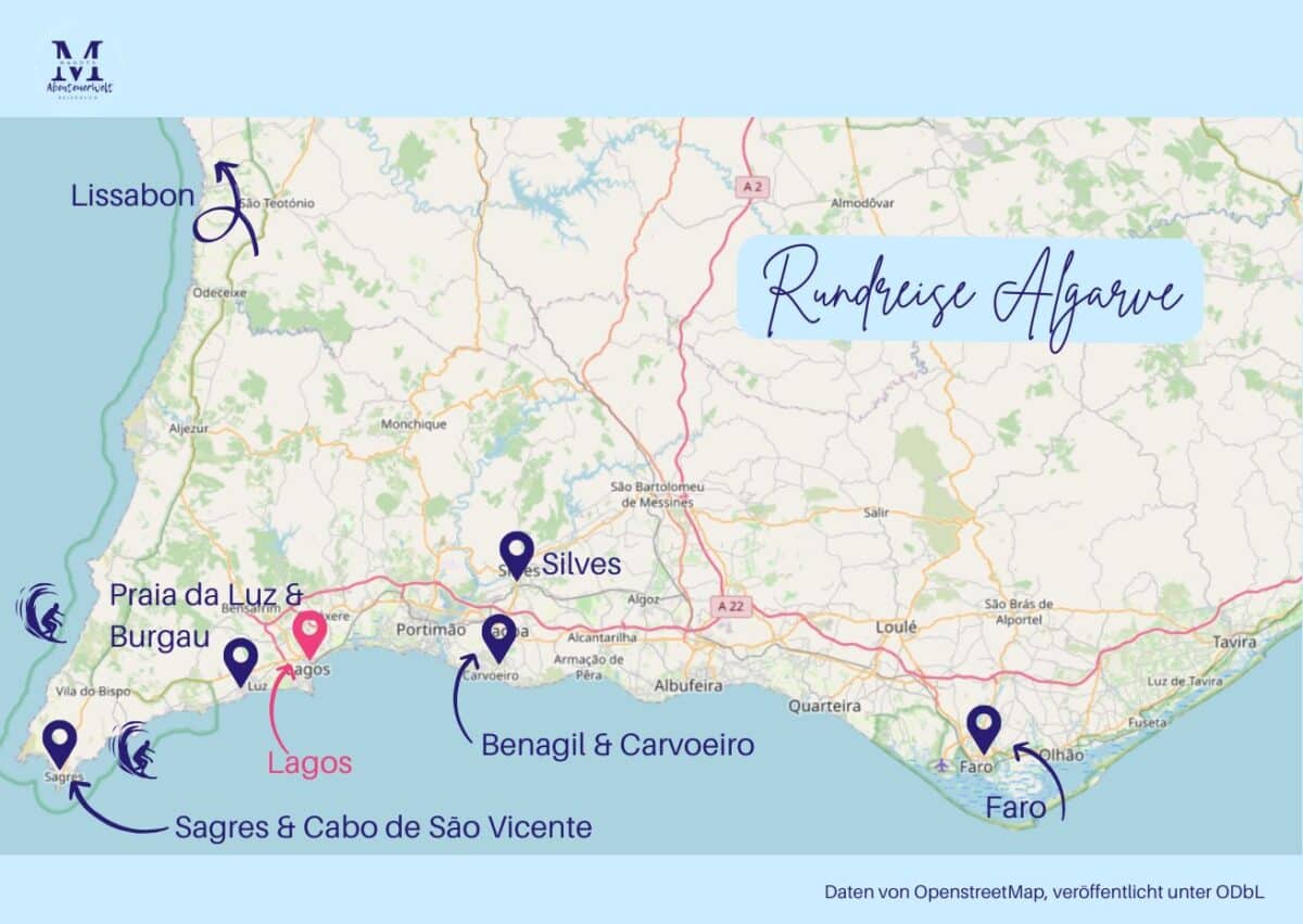 Route für 10 Tage Algarve mit Lagos als Ausgangspunkt Die Algarve-Karte zeigt eine Rundreise mit Stationen in Lagos, Sagres, Silves, Benagil, Carvoeiro und Faro.