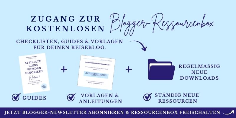 Auf hellblauem Hintergrund wirbt eine Grafik für eine Blogger-Ressourcenbox mit Checklisten, Guides und Vorlagen.