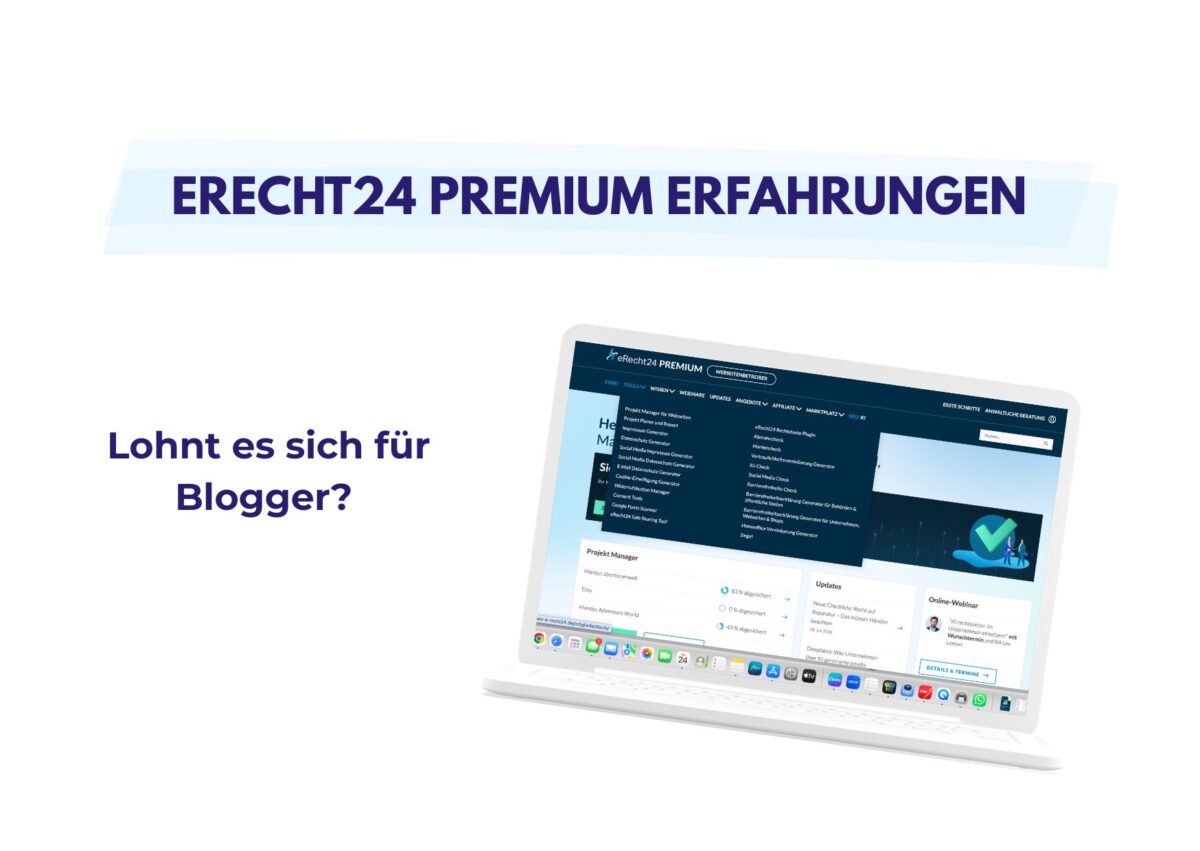 Laptop mit eRecht24-Premium-Oberfläche neben dem Text „Lohnt es sich für Blogger?“ und Erfahrungen zum Angebot