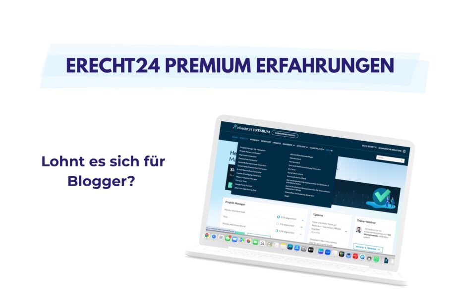 Laptop mit eRecht24-Premium-Oberfläche neben dem Text „Lohnt es sich für Blogger?“ und Erfahrungen zum Angebot