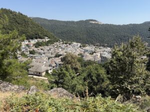 Von grünen Bergen umgebenes Panagia auf Thassos mit dicht bebauten Häusern und traditioneller Dorfstruktur