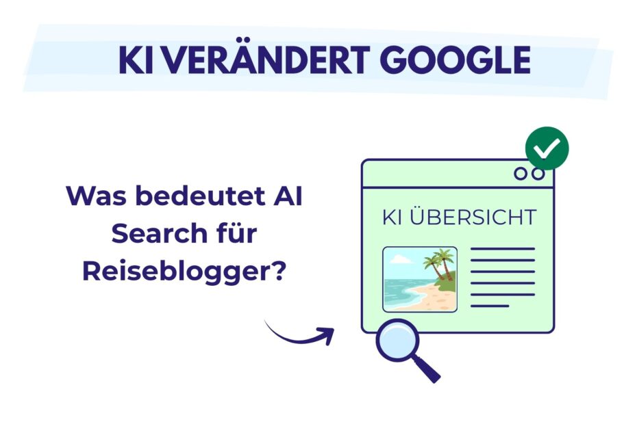 Grafik mit dem Titel „KI verändert Google“ und der Frage, was AI Search für Reiseblogger bedeutet, neben einer KI-Übersicht.