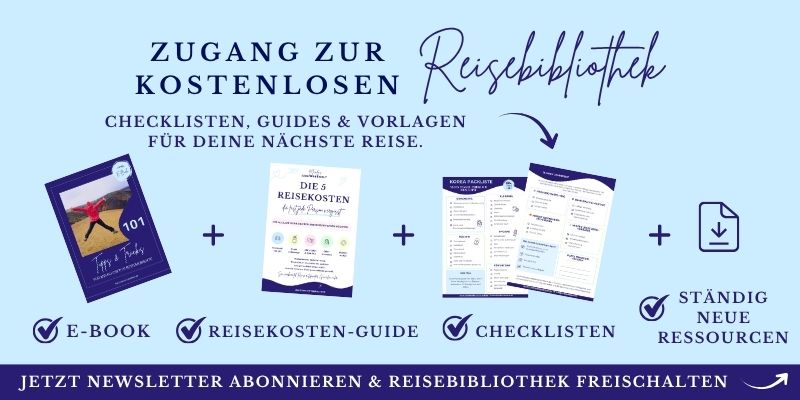 Die Grafik zeigt den Zugang zur kostenlosen Reisebibliothek mit E-Book, Reisekosten-Guide, Checklisten und neuen Ressourcen.