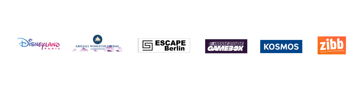 Mehrere Logos von Disney Parks, Berliner Escape Room, Gamebox, KOSMOS und zibb auf einer gemeinsamen Grafik