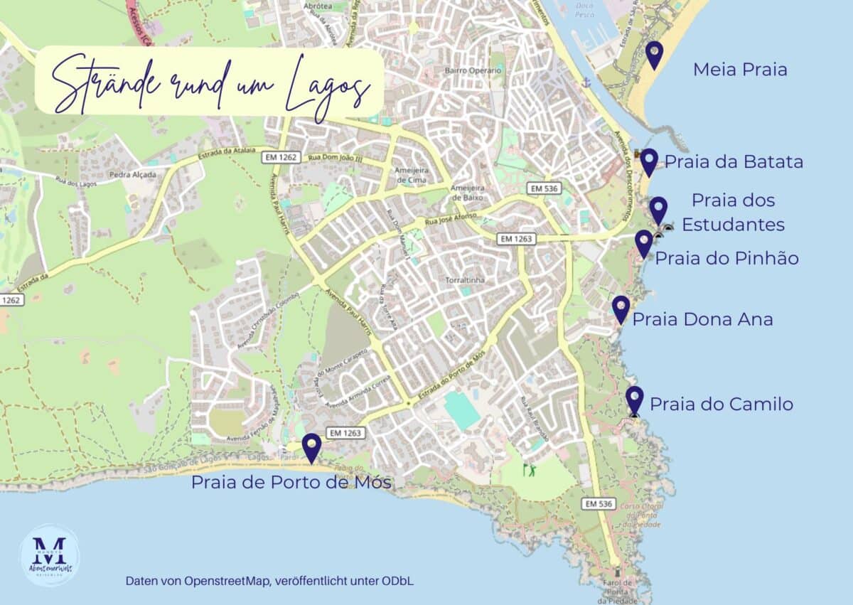 Karte der Strände in Lagos mit Meia Praia, Praia da Batata, Praia dos Estudantes, Praia do Pinhão, Praia Dona Ana, Praia do Camilo und Praia de Porto de Mós