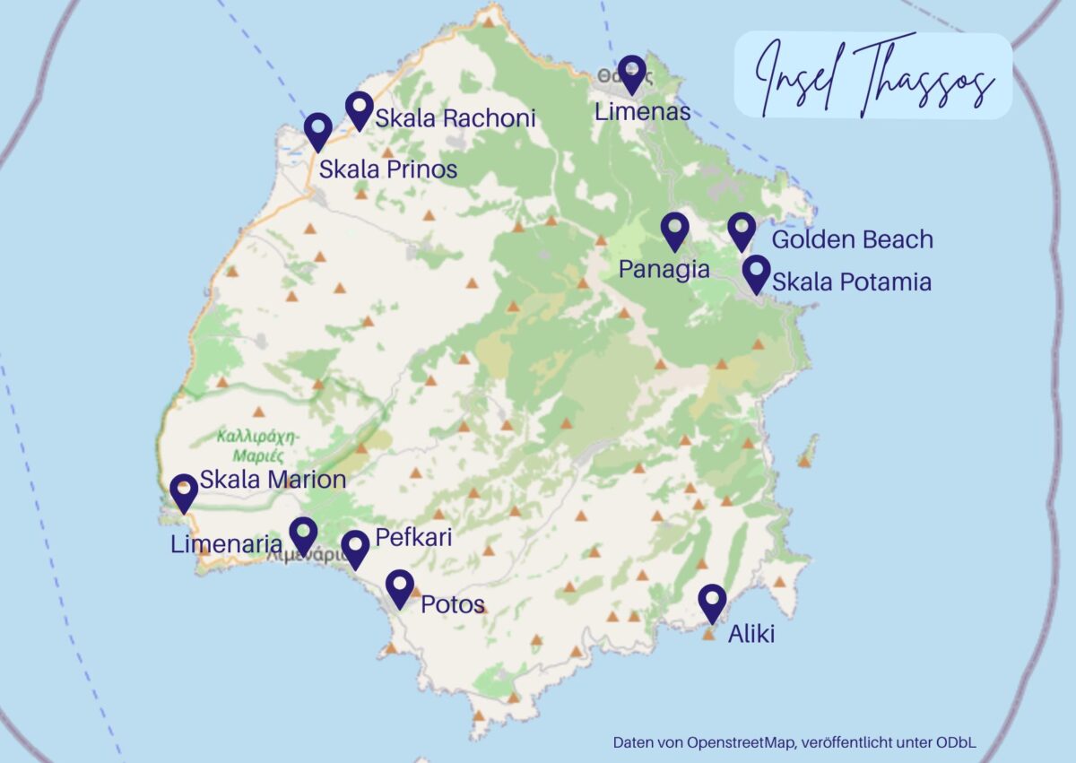 Karte von Thassos mit Potos, Pefkari, Limenaria und weiteren Orten für die Übernachtung auf der Insel
