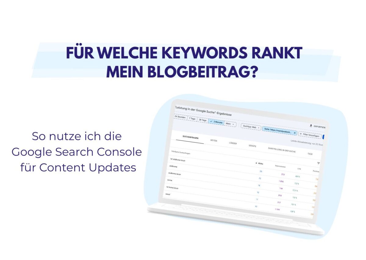 Titelgrafik zu Keywords eines Blogbeitrags mit Laptopansicht der Google Search Console für Content Updates