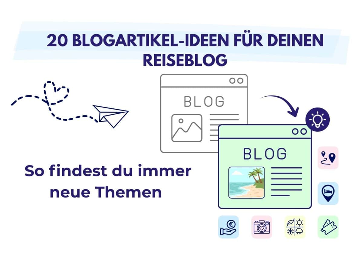 Grafik mit 20 Blogartikel-Ideen für deinen Reiseblog und Tipps, wie du aus Reiseerfahrungen neue Themen entwickelst