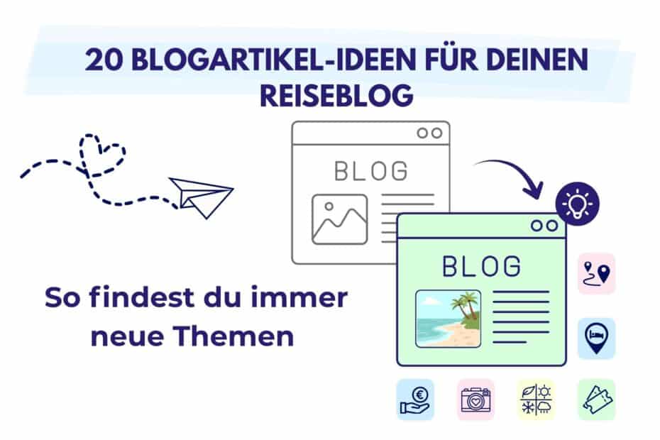 Grafik mit 20 Blogartikel-Ideen für deinen Reiseblog und Tipps, wie du aus Reiseerfahrungen neue Themen entwickelst