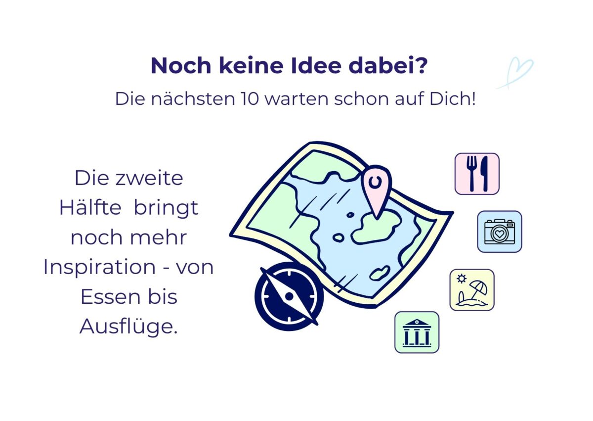 Eine illustrierte Reisekarte mit Stecknadel, Kompass und Symbolen für Essen, Ausflüge und 20 Blogartikel-Ideen