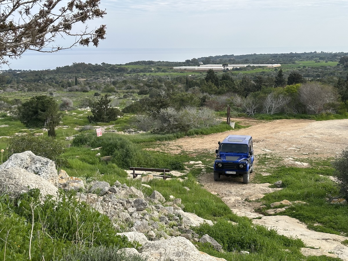 Blauer Jeep auf einem steinigen Weg durch die grüne Landschaft bei Ayia Napa während einer Jeep Tour am Cape Greco