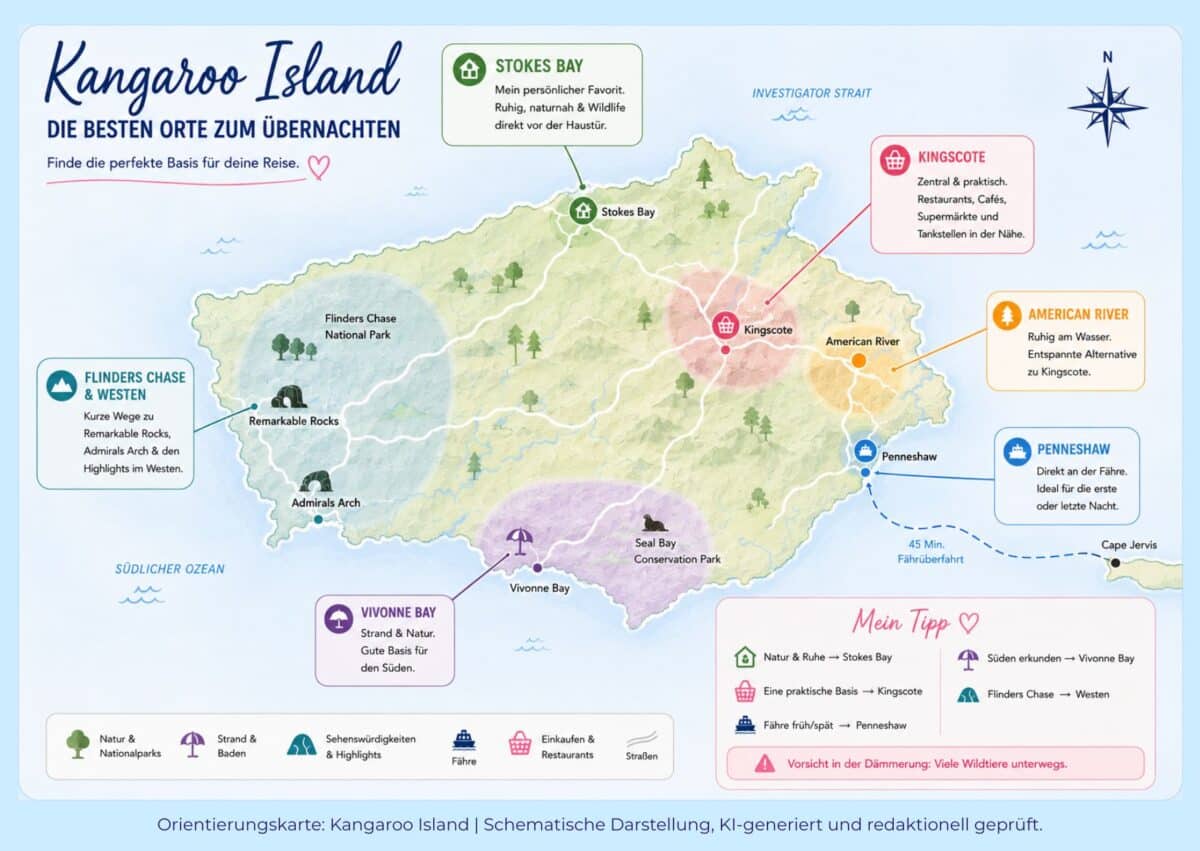Illustrierte Karte von Kangaroo Island mit Stokes Bay, Kingscote und weiteren Regionen für die Unterkunftswahl