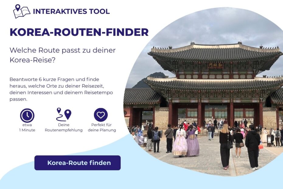 Interaktiver Korea-Routen-Finder mit koreanischem Tor und Fragen für eine passende Südkorea-Reiseroute