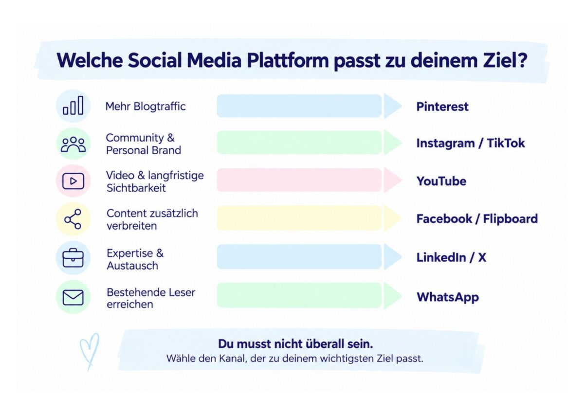 Infografik ordnet Blogtraffic, Community, Video, Contentverbreitung und Leserbindung passenden Social-Media-Plattformen zu.