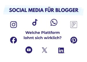 Grafik „Social Media für Blogger“ mit Logos von Instagram, TikTok, WhatsApp, Facebook, Pinterest, YouTube, X und LinkedIn.