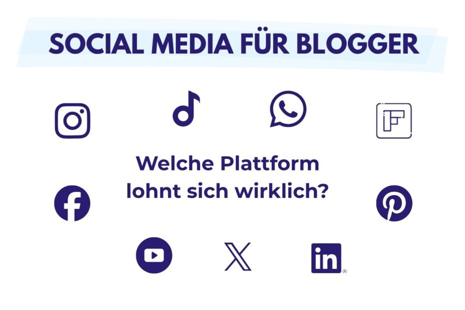 Grafik „Social Media für Blogger“ mit Logos von Instagram, TikTok, WhatsApp, Facebook, Pinterest, YouTube, X und LinkedIn.
